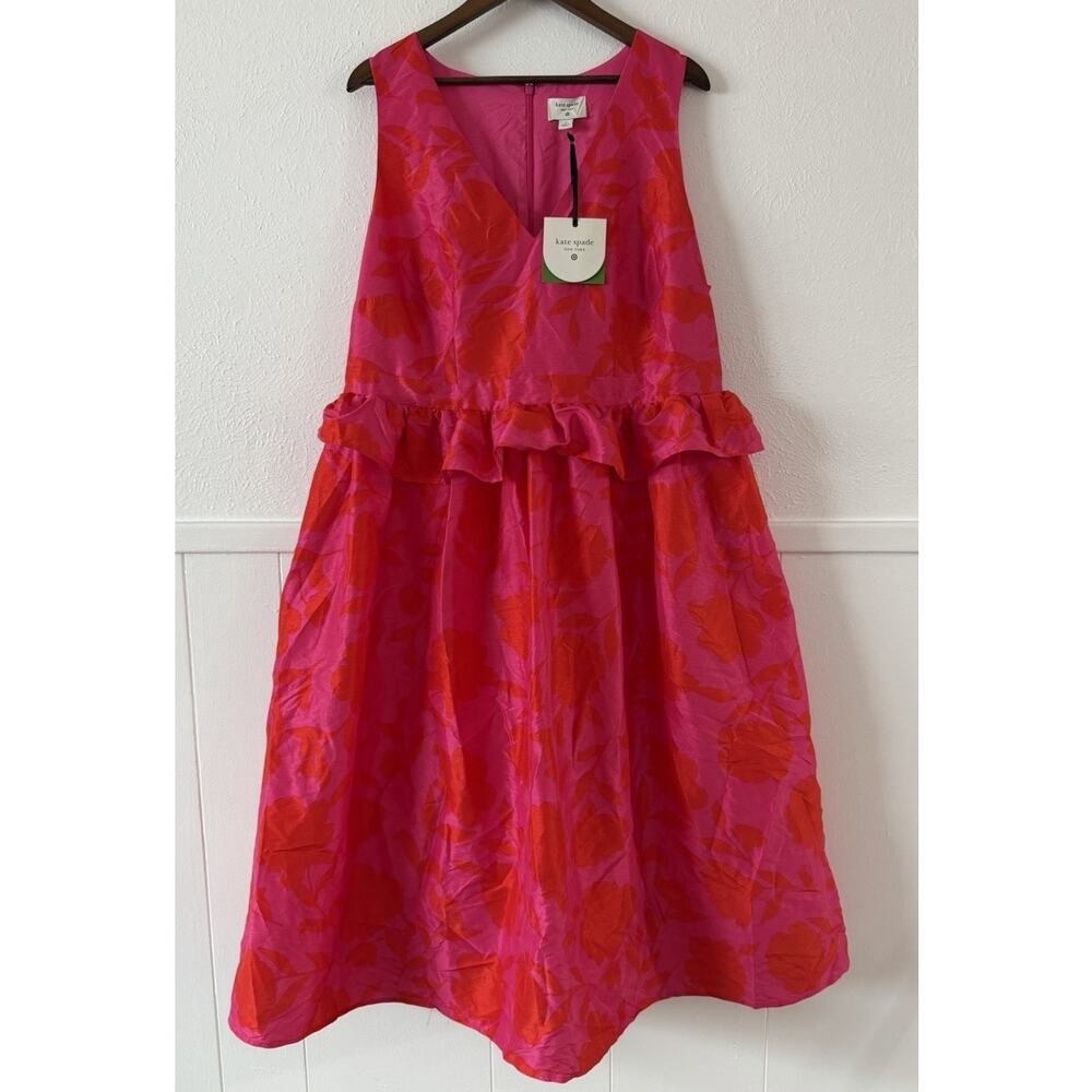 Kate Spade New York NWT Floral Jacquard Midi Dress 17 Pink Red Ruffle Waist - Picture 2 of 10